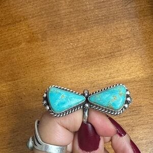 Genuine Turquoise Native Made Double Stone Silver Ring